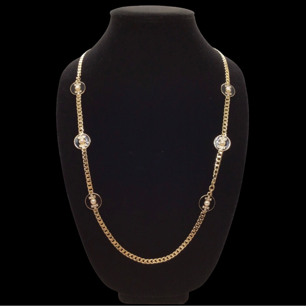 34” Vtg. SHB Gold Tone Chain with Black Enamel Faux Pearl Rhinestone Necklace